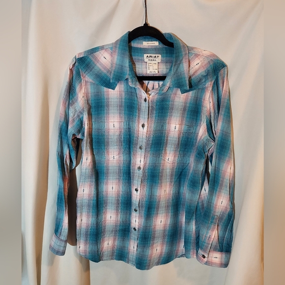 Ariat Tops - Ariat Women's Real Billie Jean Teal and Pink Plaid Button Down Shirt